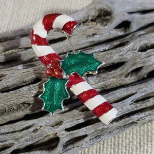 Christmas Red White Candy Cane with Holly Silver Enamel Sweater Pin Brooch